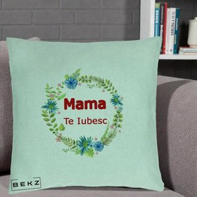 Cadou pentru Mama - Perna Personalizata Mama Te Iubesc Flori Albastre, 40x40 cm, Verde Menta, Husa Detasabila, Perna Inclusa, BEKZ®