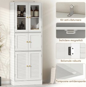 HOMCOM Dulap pentru baie cu 3 compartimente și 2 uși din sticlă și lemn, rafturi reglabile, 60x30x170 cm, alb | Aosom Romania