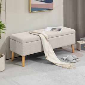 HOMCOM bancă cu spațiu de depozitare 110 x 39 x 45 cm din material cu aspect de in, picioare din lemn de cauciuc, capacitate 220 kg, bej | Aosom Romania