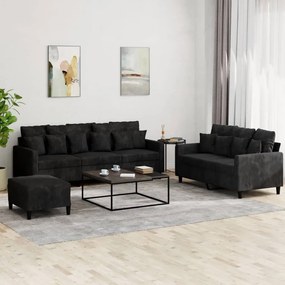 vidaXL Set de canapele cu perne, 3 piese, negru, catifea