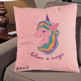 Perna Decorativa Unicorn Believe in Magic, 40x40 cm, Roz, Husa Detasabila, Perna Inclusa, BEKZ®