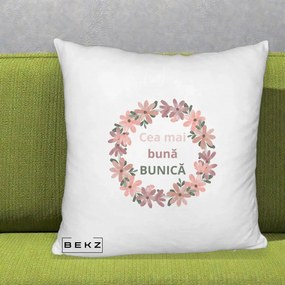 Cadou pentru Bunica - Perna Personalizata Cea Mai Buna Bunica Coronita Flori Roz, 40x40 cm, Alb Pufos, Husa Detasabila, Perna Inclusa, BEKZ®