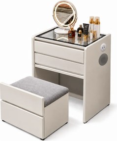 EVORA – Masă de machiaj 3 în 1 - Oglindă LED, boxa Bluetooth, blat din sticlă, prize, USB-A + Type-C și spații de depozitare, taburet integrat, Alb