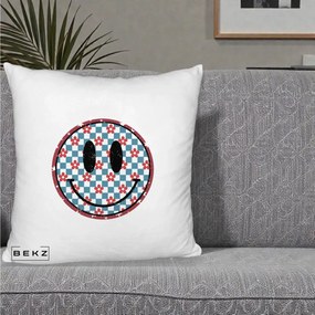 Perna Decorativa Smiley Face Checkered cu Floricele, 40x40 cm, Alb Pufos, Husa Detasabila, Perna Inclusa, BEKZ®