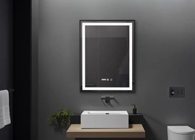 RESIGILAT- Oglindă baie, Multifuncțională, Iluminare LED Touch in 2 culori, Sistem Dezaburire, Ceas electronic încorporat, rama aluminiu, 60x80 cm, Negru