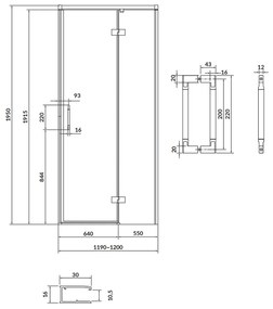 Usa sticla dus batanta 120x195 cm profil negru Cersanit Larga, montare dreapta 1200x1950 mm, Dreapta, Negru mat