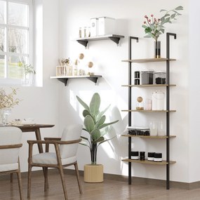 Biblioteca cu scari in stil industrial, cu 5 niveluri, montare pe perete din lemn si metal, 60x30x184,5cm maro HOMCOM | Aosom Romania
