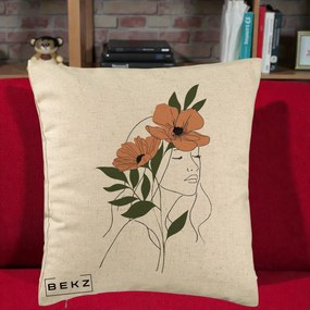 Perna Decorativa Portret Feminin Doua Maci Terracotta, 40x40 cm, Bej, Husa Detasabila, Perna Inclusa, BEKZ®