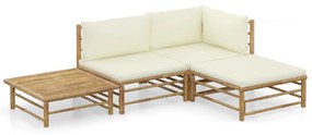 3058189 vidaXL Set mobilier de grădină, cu perne alb crem, 4 piese, bambus