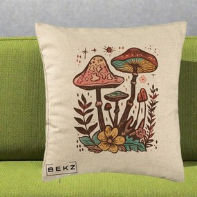 Perna Decorativa Ciuperci Boho Multicolore, 40x40 cm, Bej, Husa Detasabila, Perna Inclusa, BEKZ®