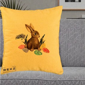 Perna Decorativa Iepuras cu Oua de Pasti Acuarela, 40x40 cm, Galben, Husa Detasabila, Perna Inclusa, BEKZ®