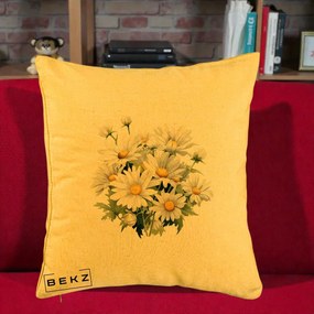 Perna Decorativa Buchet Margarete Albe Acuarela, 40x40 cm, Galben, Husa Detasabila, Perna Inclusa, BEKZ®