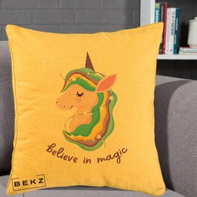 Perna Decorativa Unicorn Believe in Magic, 40x40 cm, Galben, Husa Detasabila, Perna Inclusa, BEKZ®