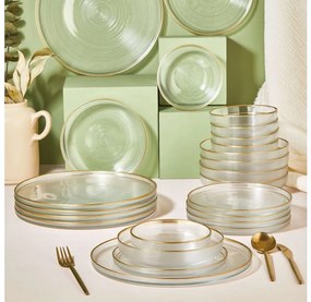 Set veselă 24 piese, din sticlă transparentă cu accente aurii