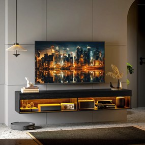 HOMCOM Suport TV Plutitor cu Lumini LED pentru Televizoare de Până la 190 cm, Consolă Media cu Raft de Depozitare, 180x40x30 cm, Negru | Aosom Romania