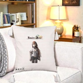 Perna Personalizata Steins Gate Kurisu Makise Anime, 40x40 cm, Bej cu Franjuri, Husa Detasabila, Perna Inclusa, BEKZ®