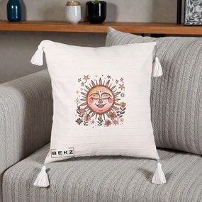 Perna Decorativa Soare Retro Boho Floral, 40x40 cm, Bej cu Franjuri, Husa Detasabila, Perna Inclusa, BEKZ®