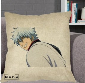 Perna Personalizata Gintama Gintoki Portret cu Zambet, 40x40 cm, Crem, Husa Detasabila, Perna Inclusa, BEKZ®