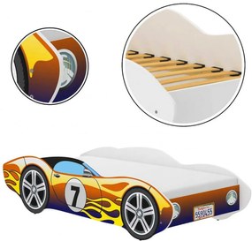 Pat tip masinuta pentru copii NOVOKIDS™ CORVETTE, 160x80 CM, Set cu Saltea din Spuma MATSEN® 10 CM Inclusa, Somiera Sistem FLEX, Cu Protectii