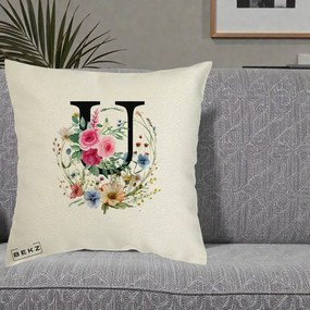Cadou Personalizat - Perna Personalizata Monogram Litera U cu Flori Acuarela, 40x40 cm, Ecru, Husa Detasabila, Perna Inclusa, BEKZ®