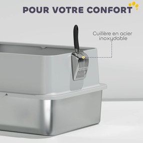 PawHut Tavă XL pentru litieră din oțel inoxidabil, Pereți laterali înalți, Pedală și covoraș filtrant, Lopată, 60,2x40,2x29,6cm, Gri | Aosom Romania