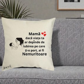 Cadou pentru Mama - Perna Personalizata Mama Nemuritoare Imbratisare Copil, 40x40 cm, Ecru, Husa Detasabila, Perna Inclusa, BEKZ®