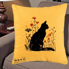 Perna Decorativa Pisica Neagra Profil Flori Portocalii, 40x40 cm, Galben, Husa Detasabila, Perna Inclusa, BEKZ®