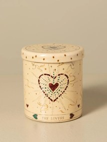 Lumânare artizanală în cutie din metal natur cu capac, pictată manual cu inimă și stele, finisaj lucios, 10 x 9 x 9 cm, „Amoureux”