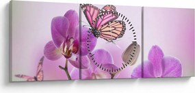 Tablou - Fluture pe flori de orhidee, liliac (cu ceas) (90x30 cm)