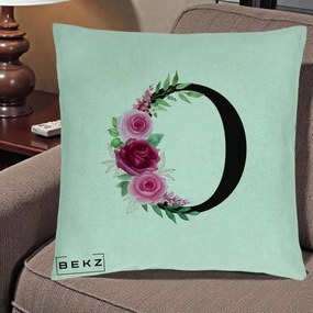 Cadou Personalizat - Perna Personalizata Monograma Florala Litera O, 40x40 cm, Verde Menta, Husa Detasabila, Perna Inclusa, BEKZ®