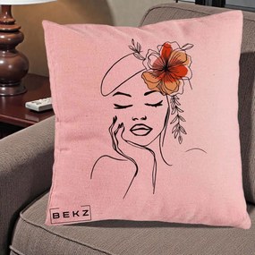 Perna Decorativa Portret Feminin Flori Palarie, 40x40 cm, Roz, Husa Detasabila, Perna Inclusa, BEKZ®