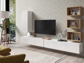 Mobilă pentru sufragerie Providence B154Alb lucios, Alb, Stejar auriu, Părți separate, Cu comodă tv, Cu componente suplimentare, PAL laminat, 300x43cm, 84 kg