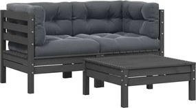 vidaXL Set mobilier de grădină cu perne, 3 piese, gri, lemn masiv pin