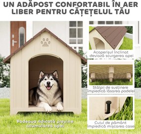 PawHut Căsuță pentru Câini de Exterior, Talie Mare și XL, Adăpost din Plastic Impermeabil cu Bază Ridicată, Ferestre și Acoperiș Înclinat pentru Grădină, Terasă, Curte, 102x94x103 cm, Bej | Aosom Romania