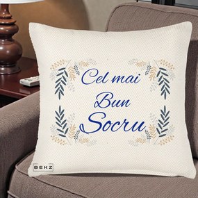 Cadou pentru Socru - Perna Personalizata Cel mai Bun Socru cu Ramuri Frunze Albastre si Aurii, 40x40 cm, Crem Reliefat, Husa Detasabila, Perna Inclusa, BEKZ®