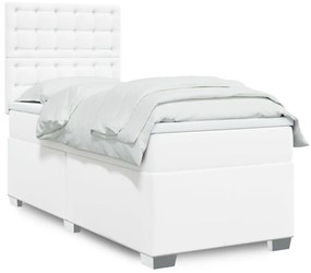 vidaXL Pat box spring cu saltea, alb, 90x200 cm, piele ecologică
