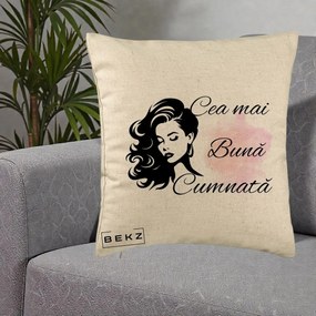 Cadou pentru Cumnata - Perna Personalizata Cea mai Buna Cumnata cu Silueta Dama si Pete Roz, 40x40 cm, Bej, Husa Detasabila, Perna Inclusa, BEKZ®