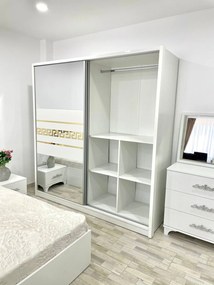 Dormitor Palermo, culoare alb, cu pat tapitat 160 x 200 cm, dulap cu 2 usi, comoda cu oglinda, 2 noptiere