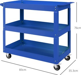 DURHAND Cărucior pentru Scule cu 3 Niveluri din Oțel cu Margini Înalte și 4 Roți Pivotante, 83 x 35.3 x 76 cm, Albastru | Aosom Romania