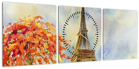 Tablou pictat cu turnul Eiffel (cu ceas) (90x30 cm)