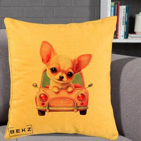 Perna Decorativa Chihuahua Roz in Masinuta, 40x40 cm, Galben, Husa Detasabila, Perna Inclusa, BEKZ®