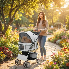 PawHut Cărucior pentru Câini de Talie Mică Pliabil, cu Roți Pivotante 360°, Coș de Depozitare, Pernă Lavabilă, Gri | Aosom Romania