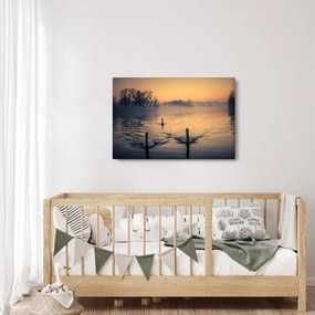 Tablou cu lebăde pe apă în ceață (90x60 cm)