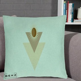 Perna Decorativa Boho Sun cu Triunghiuri Bej si Oval Solar, 40x40 cm, Verde Menta, Husa Detasabila, Perna Inclusa, BEKZ®