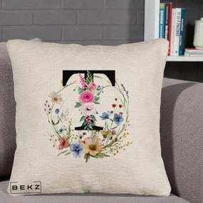 Cadou Personalizat - Perna Personalizata Monogram Litera T cu Flori Acuarela, 40x40 cm, Bej Canapea, Husa Detasabila, Perna Inclusa, BEKZ®