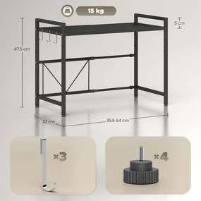 HOMCOM Suport extensibil pentru cuptor cu microunde pe 2 niveluri cu 3 cârlige, din metal, negru | Aosom Romania