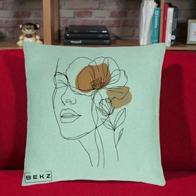 Perna Decorativa Portret Feminin Mac Profilat, 40x40 cm, Verde Menta, Husa Detasabila, Perna Inclusa, BEKZ®