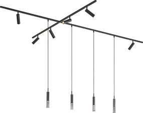 Sistem de iluminat pe șină modern negru cu 6 spoturi și 4 lumini suspendate monofazate - Slimline Uzzy Loyce
