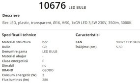 Bec G9 LED 3,5W 3000K, 10676 GL