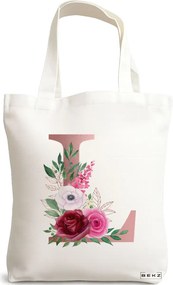 Sacosa de Panza pentru Cumparaturi, Geanta Tote, Cu litera L Rose Gold si Trandafiri, 38x34.5 cm, Alba, BEKZ®